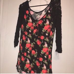 Rose print top with lace sleeves